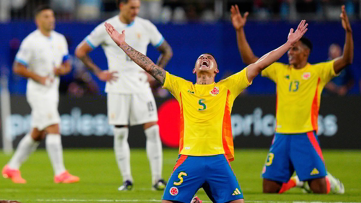 Colombia's Kevin Castano celebrates defeating Uruguay in a Copa America semifinal soccer match in Charlotte, N.C., Wednesday, July 10, 2024. -  (AP Photo/Jacob Kupferman)